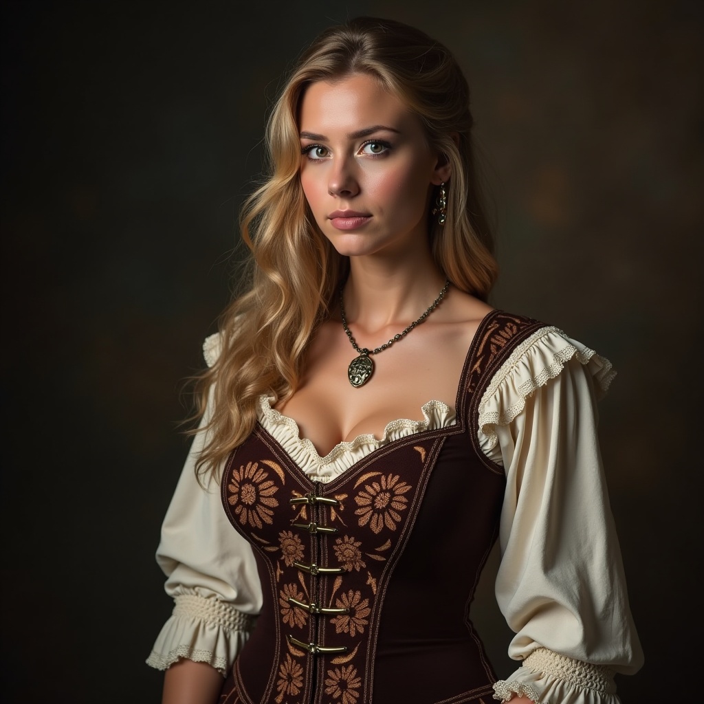 AI generated image by FLUX.1: A nordic woman in a medieval bodice with large breasts