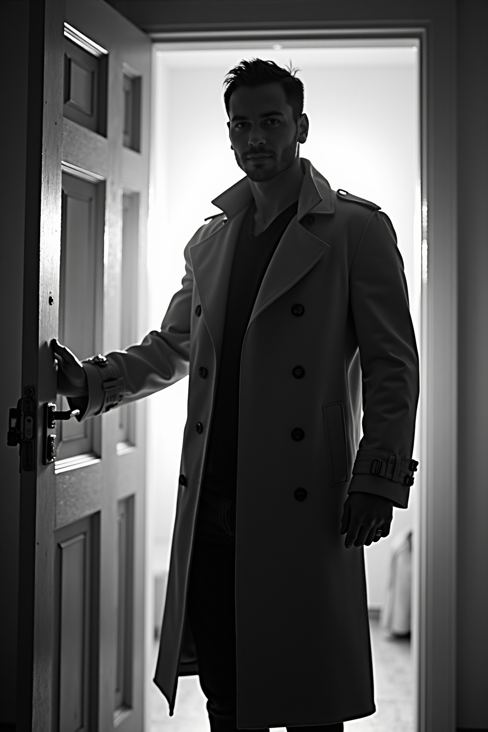 AI generated image by FLUX.1-image-to-image: black-and-white photo with the backlit dark silhouette of a handsome broad-shouldered man in a trench coat standing in a doorway coming and looking to camera.
The man touching the door, as if he just entered the room. God rays. Backlight