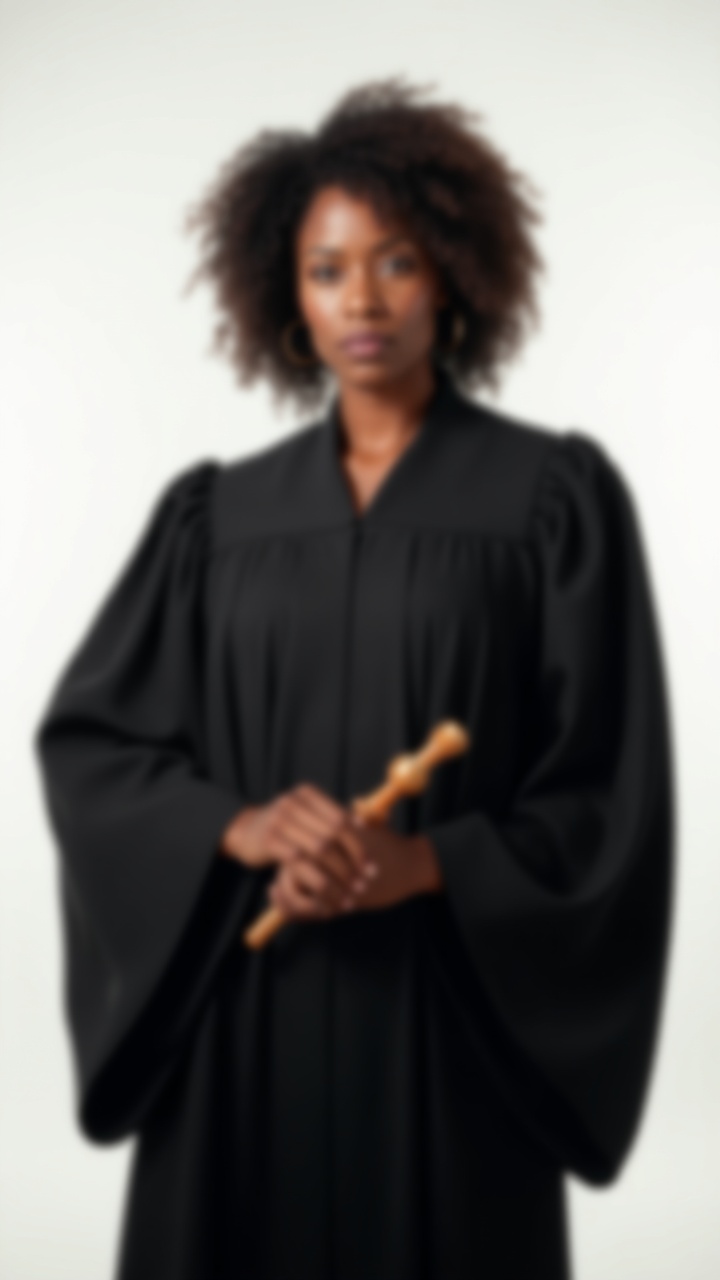 AI generated image by FLUX-Realism-Lora: A powerful and dignified portrait of an African-American female judge standing confidently, holding a wooden gavel. She is wearing a traditional black judicial robe with pleated details, exuding authority and professionalism. Her expression is serious, with a focused and determined look, symbolizing justice and leadership. The background is minimal and clean, featuring a neutral white backdrop that draws attention to the subject. The lighting is soft and even, emphasizing the natural skin tone and the texture of her curly hair. The overall composition conveys strength, integrity, and respect in the legal profession. --ar 2:3 --style professional --lighting soft --background minimal