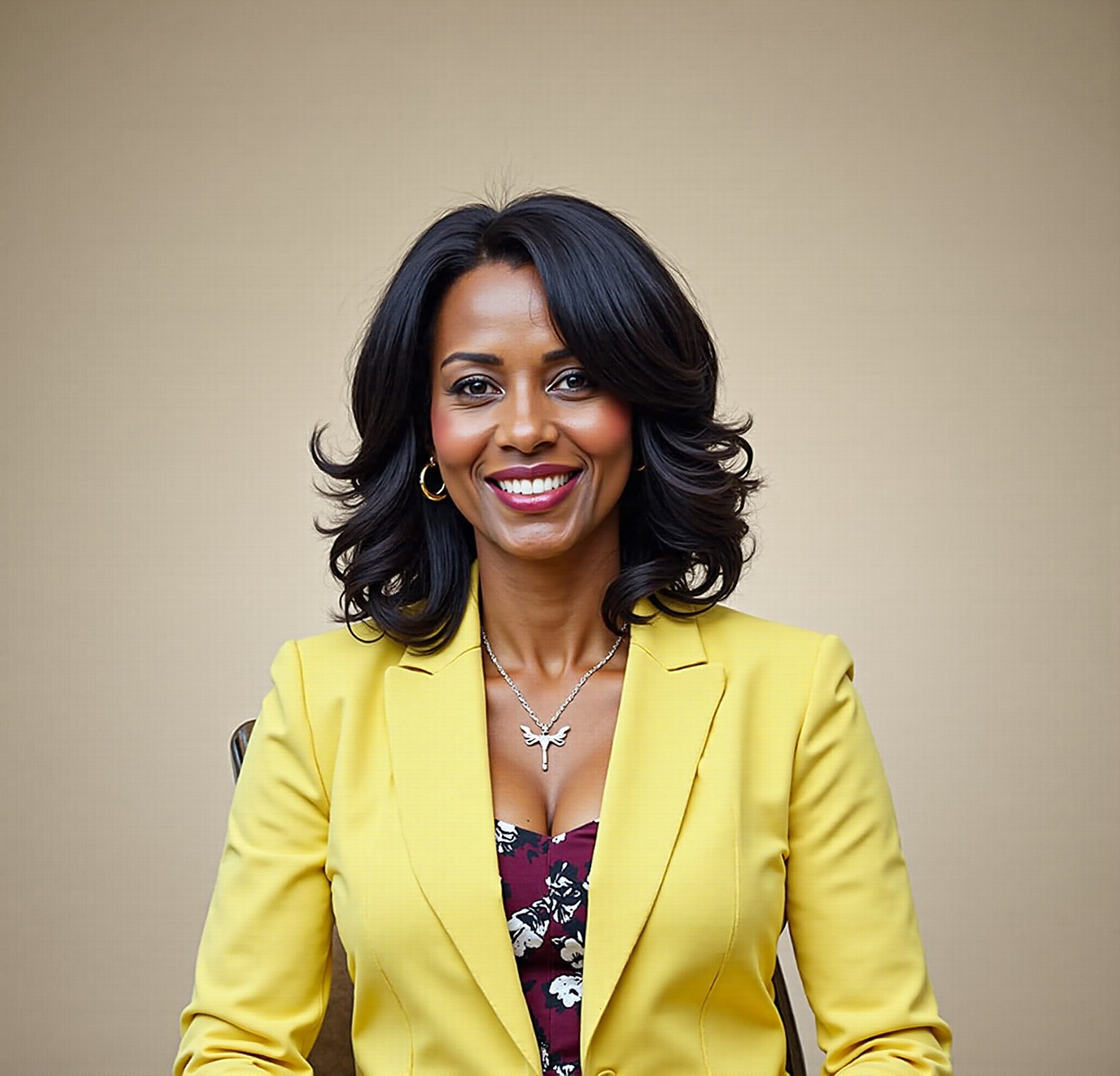 AI generated image by FLUX.1-image-to-image: An elegant, photorealistic, stylish African woman in her late 40s with youthful radiance and authority, confident expression,medium brown skin with warm undertones, natural shoulder-length black hair styled professionally in protective waves, intelligent dark brown eyes with very light wisdom lines, confident smile showing maternal strength, medium build (well-proportioned, neither slim nor heavy), wearing a sophisticated floral deep burgundy blouse, sitting in modern office studio with cinematic lighting, professional backdrop with subtle Pan-African elements, speaking with revolutionary passion tempered by mature wisdom. Linda ThriveBoss avatar, confident expression, cinematic lighting, photorealistic, soft shadows, studio backdrop, warm skin tone
• Negative Prompts:
blurry hands, distorted limbs, busy background, low resolution
