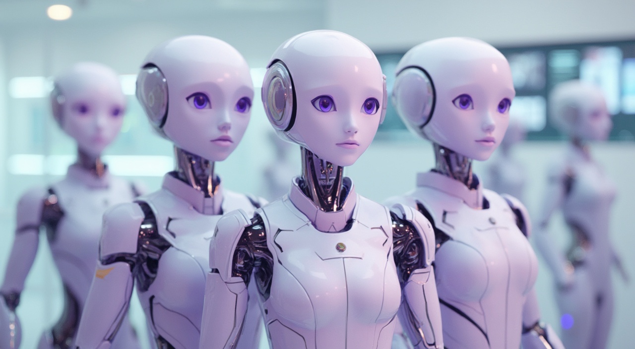AI generated image by FLUX-Realism-Lora: A photorealistic image of a professional team of humanoid robots with human heads, designed for a futuristic and approachable “Contact Us” section of a website. Each humanoid features a highly detailed and lifelike human head seamlessly integrated onto a sleek, modern android body with smooth metallic plating and subtle technological elements.
The team members are dressed in elegant, lightly purple uniforms that blend futuristic fashion with professionalism, symbolizing trust, innovation, and assistance. The uniforms have subtle metallic accents, high-tech seams, and an ergonomic fit.
The background is bright and modern, featuring a clean, minimalistic aesthetic with soft lighting, creating an inviting and futuristic atmosphere. It may include elements like a futuristic office, digital holograms, or a clean white tech-space, ensuring the team looks approachable and ready to assist.
The composition conveys warmth, intelligence, and professionalism, making the team feel both highly advanced and welcoming. Each humanoid team member has a unique but friendly expression, looking directly at the viewer as if they are ready to help. The image should be ultra-realistic, with sharp details, lifelike facial textures, and high-tech aesthetics, ensuring a premium and futuristic corporate identity