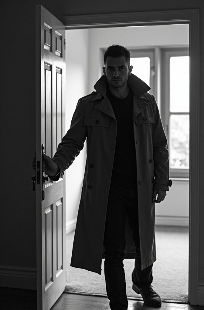AI generated image by FLUX.1-image-to-image: black-and-white photo with the broad-shouldered silhouette of a man in a trench coat standing in a doorway coming and looking to camera.
The man holding the door handle, as if he just entered the room.
