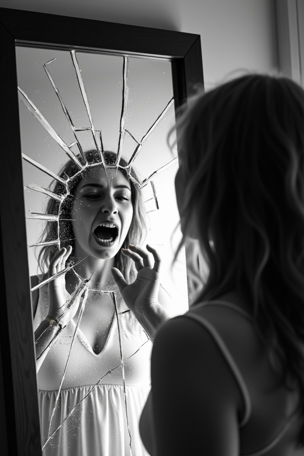 AI generated image by FLUX.1-image-to-image: a black and white photo of a woman touching a shattered mirror, with cracks radiating from the reflection of her screaming mouth. Dramatic low-key lighting. Backlight.