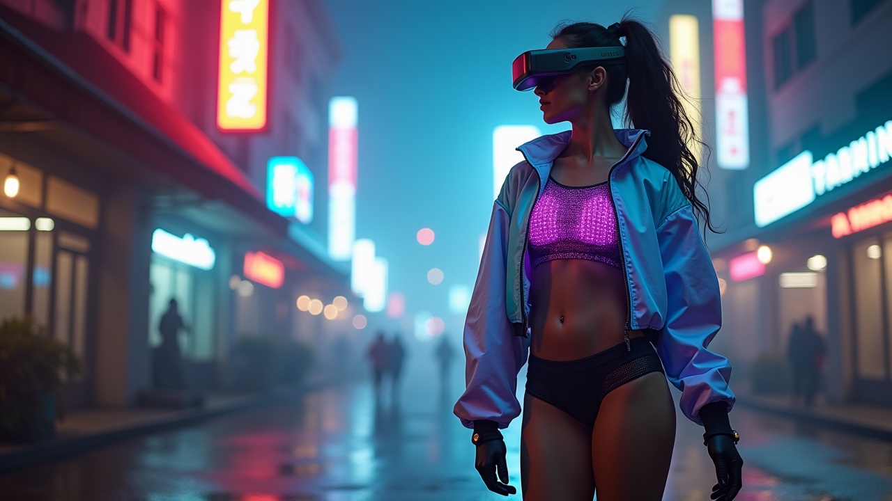 AI generated image by FLUX.1: a beautiful woman, curvy and well-proportioned ., A colorful electronic short jacket ., Clothing with luminous organs that shine with an electronic circuit pattern., Glasses showing a frameless user interface , headphone wirelesse , and gaming-style clothing . Gloves, The fashion of showing the navel , Colored shorts and tights , An abandoned city in a science-fiction future ., thick fog, neon lights, deep depth of field , Strong glow , Masterpiece, Live-action sci-fi movie , detailed description , 8K