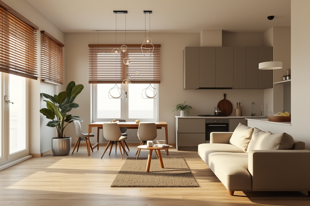 AI generated image by FLUX.1-pro: A photorealistic image of a modern and minimalist studio apartment that combines a living room and kitchen. The apartment has a bright and airy atmosphere, characterized by clean lines and a neutral color palette. The walls are painted in an elegant beige hue, which creates a subtle but effective contrast with the dark wood flooring. The living area features a minimalist design with a beige sofa, a large plant, and a few decorative items. The kitchen is modern and functional, with a few appliances and a countertop with a few items. The room has a large white window with wooden venetian blinds. The blinds allow natural light to fill the room and can be used to control the lighting and privacy. The room has a few decorative items, including a potted plant and a few books on a shelf.