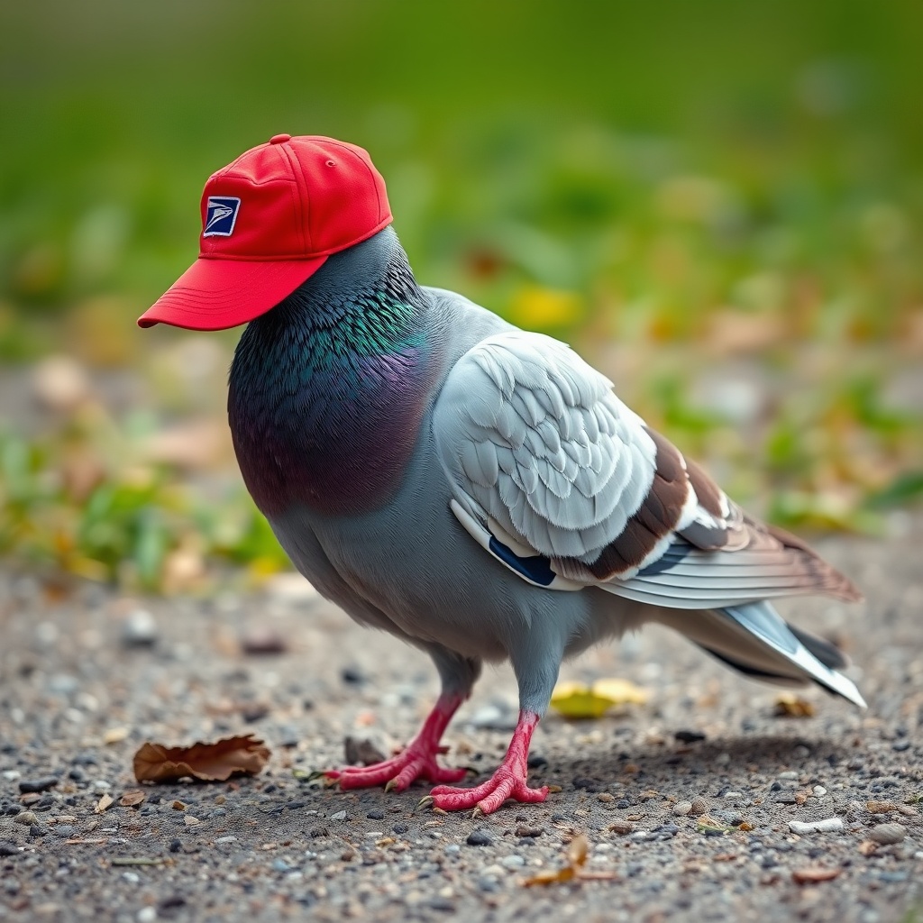 AI generated image by FLUX.1-schnell: A postal pigeon standing on the ground with a red baseball hat on