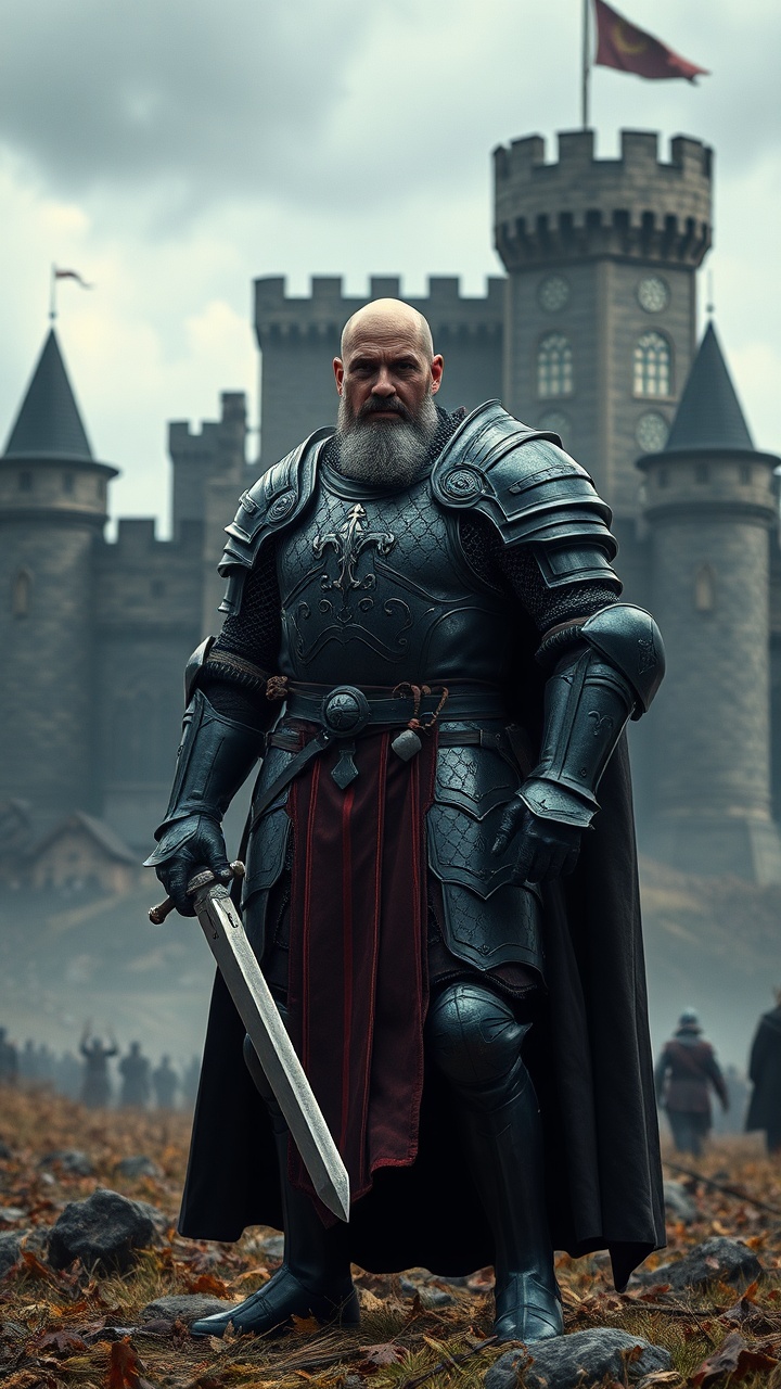AI generated image by FLUX.1-schnell: A strong knight in his dark armour. The knight is tall and bald 40 year old. Standing on a battlefield, big midevil castle behind him, full body, dramatic