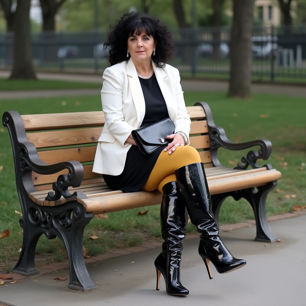 AI generated image by FLUX.1-pro: A middle-aged woman, slightly overweight, is sitting sideways on a wooden bench in a park. She is wearing a white blazer, black skirt, dark yellow-beige tights and black patent leather thigh-high boots with stilettos, she has black curly hair with bangs, she holds a black clutch bag on her lap, and she looks seriously straight at the camera. The bench stands on the sidewalk, with trees and a fence visible in the background.
