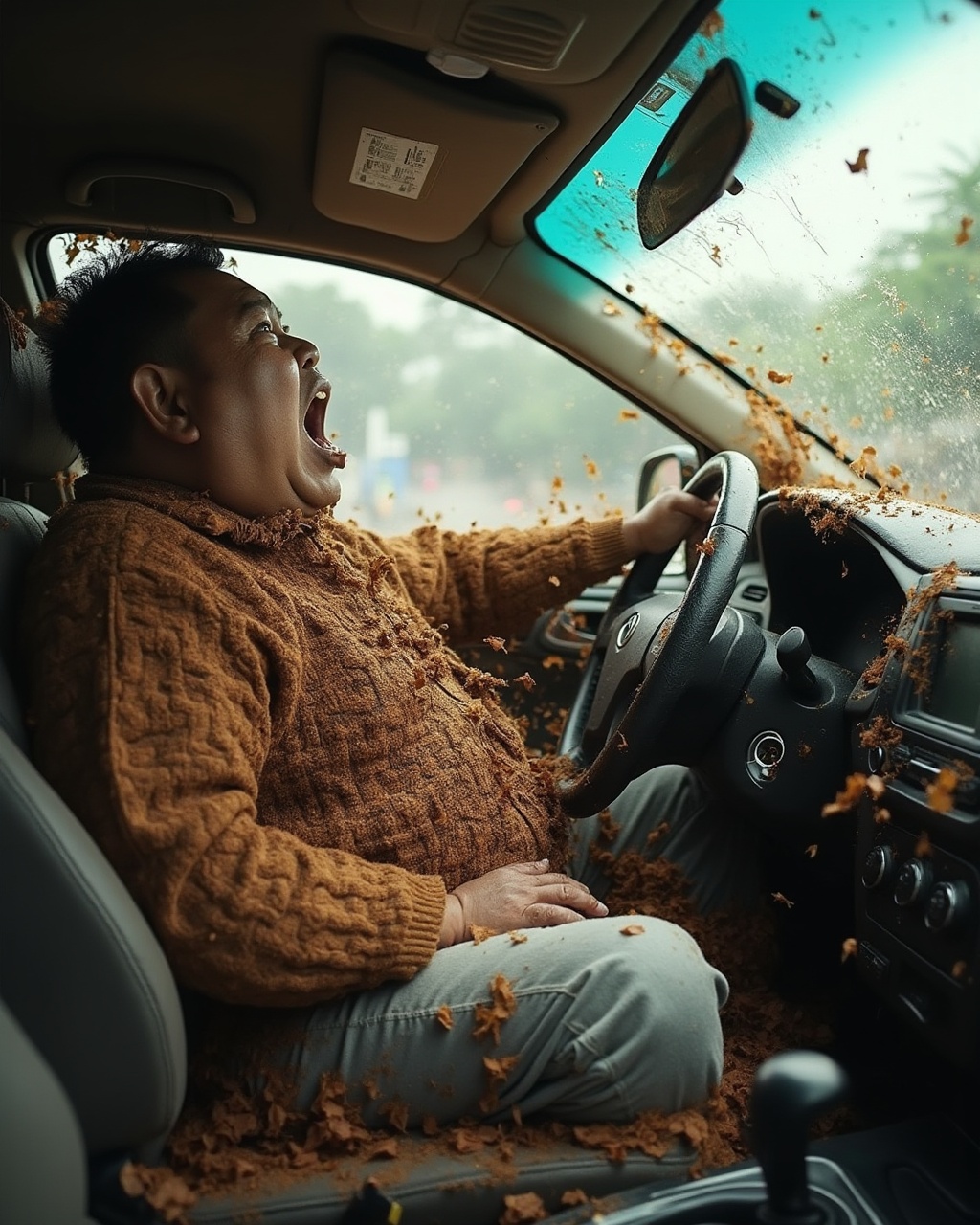 AI generated image by FLUX-Realism-Lora: back Brown liquid lump, dark brown dirty liquid food scraps, dark yellow, very joke hyper crazy emotion, A Cambodian rural very fat man in the driver's seat of an Toyota car, driving fast with his eyes wide open and mouth agape as he blows up into small Dirty liquid, brown, dark yellow from being hit by flying Dirty liquid, brown, dark yellow items while wearing gray jeans and brown sweater. The airbag is fully zumed out on him. His head torso and arms have been blown off against glass windscreen. In color. Realistic photo. He sits behind the wheel. A pillow flues out to cover parts of body.
Background is a chaotic road scene.. It's raining outside.