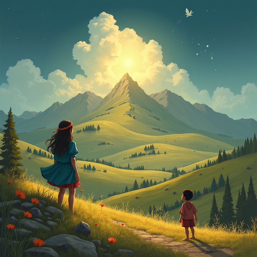 AI generated image by FLUX.1: Prompt:
Ñusta señala un gran cerro llamado Urku Sisa mientras Amaru lo observa con asombro. Fondo de valle andino, luz de mañana, estilo ilustración infantil tierna y tradicional.