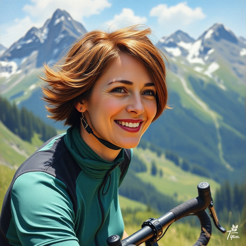 AI generated image by FLUX.1-schnell: The consistency of the mountains should be chocolate and candy. Paint an oil picture of a sportive lady with short brown hair who loves to ride her bike in the mountains, who is 100% committed employee of the sweets company Storck, who has a great sense of humour and a can- do mentality.
