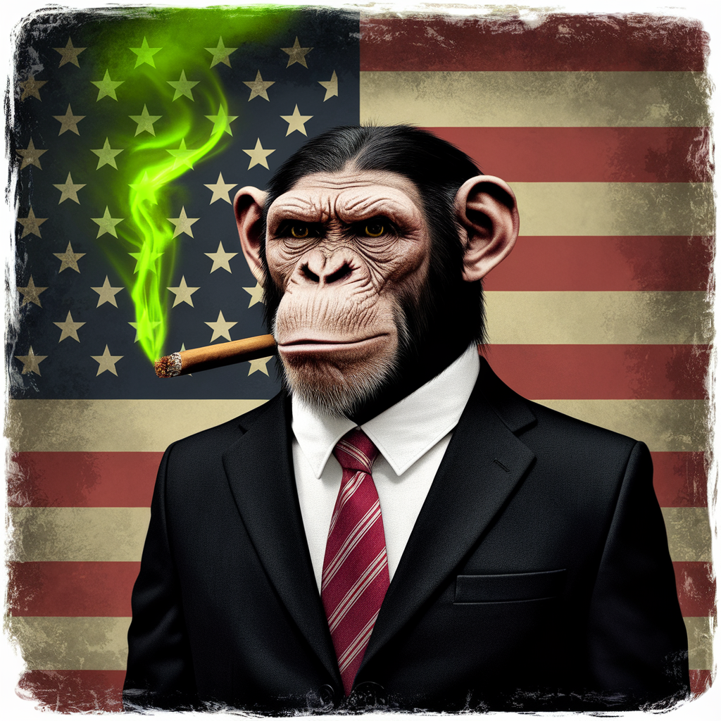 AI generated image by ideogram 2.0: "A serious-looking chimpanzee dressed in a formal black suit and red-striped tie, standing in front of a grungy, vintage-style American flag background. The chimp is smoking a cigar that emits vibrant green smoke, swirling dramatically to the left. The expression on the chimpâs face is confident and slightly smug, giving a political or presidential vibe. The background has a distressed, painted texture with muted tones, and the overall art style is bold, gritty, and slightly surrealâperfect for edgy, humorous poster or streetwear art."