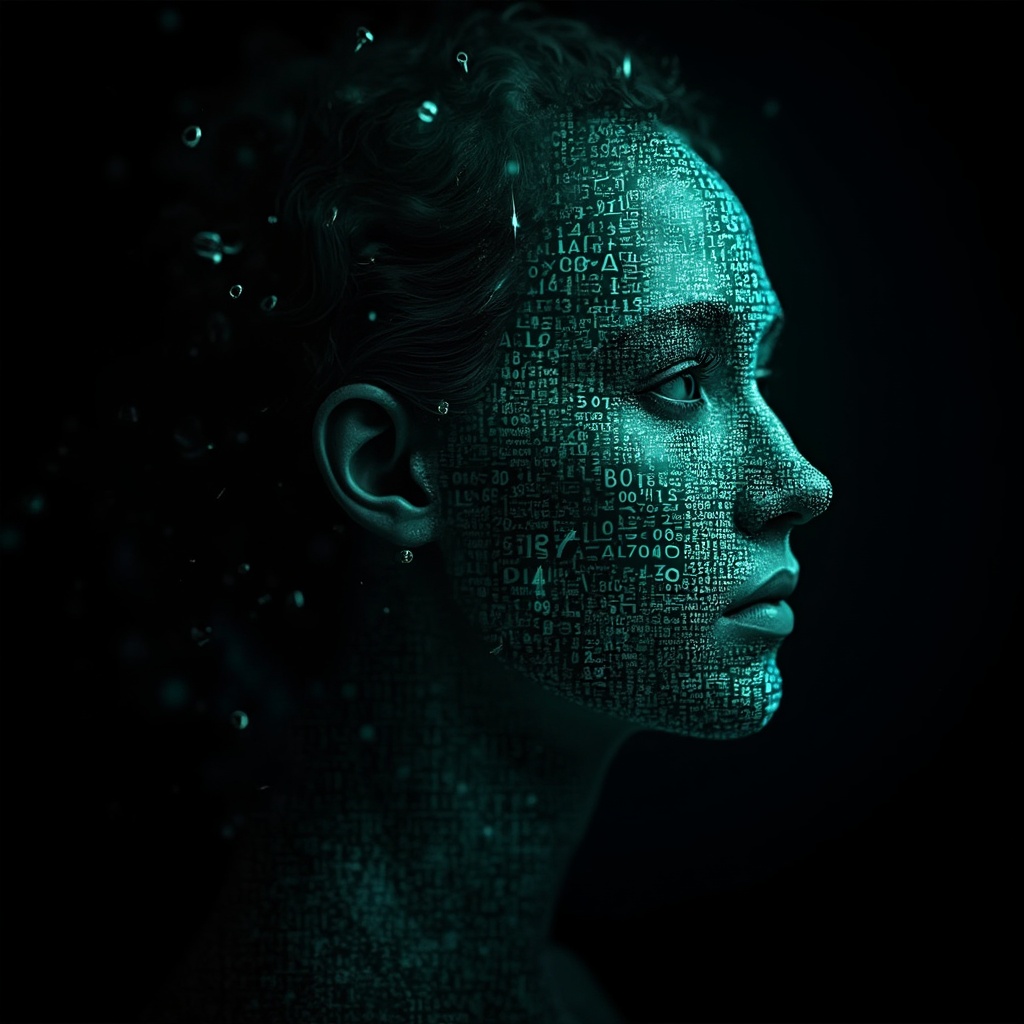 AI generated image by FLUX-Realism-Lora: Ada Lovelace's face as a digital mask made from thousands of turquoise numbers and formulas forming his face. the formulas and numbers fly behind the mask leaving a trail of complexity. the mask is floating dynamically in mid air. his head is turned to the right but his eyes are looking directly into the camera. the mask is on a black background. like a png with black only background. photo realistic, sci-fi, human features hair