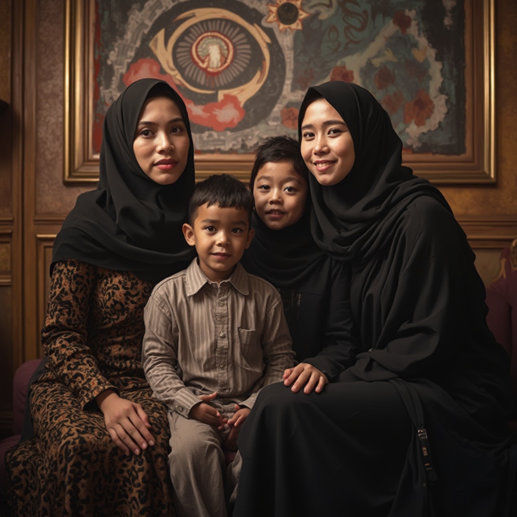 AI generated image by FLUX-Realism-Lora: " IMG_1024.HEIC " Malay Muslim family in cinema with in Venom poster behind them