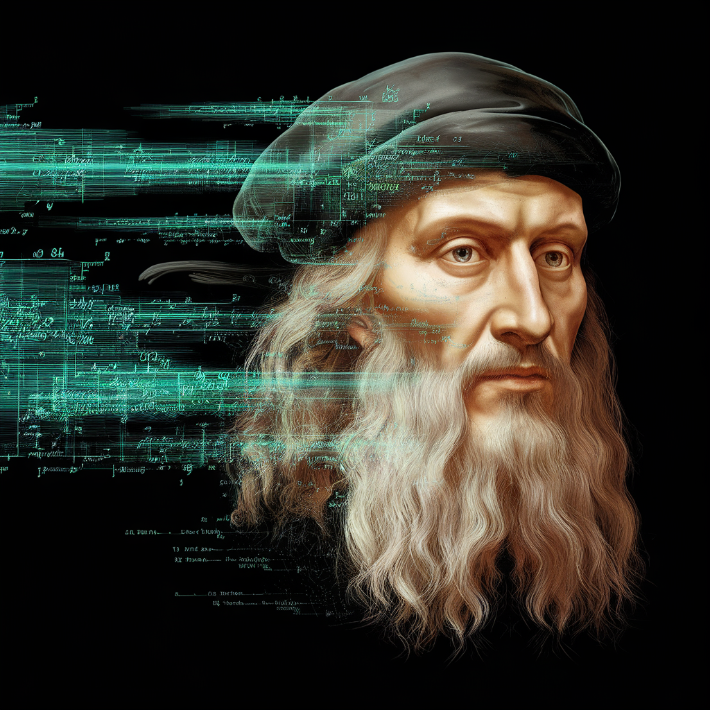 AI generated image by ideogram 2.0: Leonardo DaVinci's face as a digital mask made from thousands of turquoise numbers and formulas forming his face. the formulas and numbers fly behind the mask leaving a trail of complexity. the mask is floating dynamically in mid air. his head is turned to the right but his eyes are looking directly into the camera. the mask is on a black background. like a png with black only background. photo realistic, sci-fy