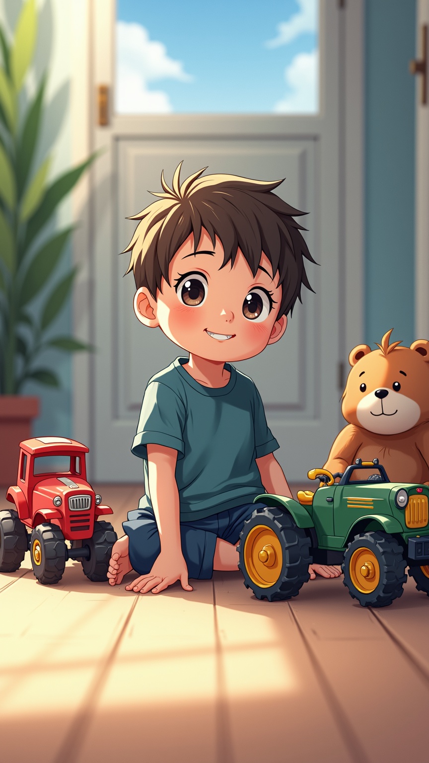 AI generated image by FLUX.1-image-to-image: A charming, well-composed portrait photograph of a two-year-old boy named Pepe, depicted in an anime style. Pepe is sitting in the hallway of his house, surrounded by his favorite toys, which include action figures, vehicles, and stuffed animals. The toys are arranged in a playful manner, reflecting Pepe's joy and imagination. The background is slightly blurred, focusing on Pepe and his toys. The overall atmosphere of the photo is warm and inviting, capturing a moment of innocence and happiness., portrait photography, anime, photo