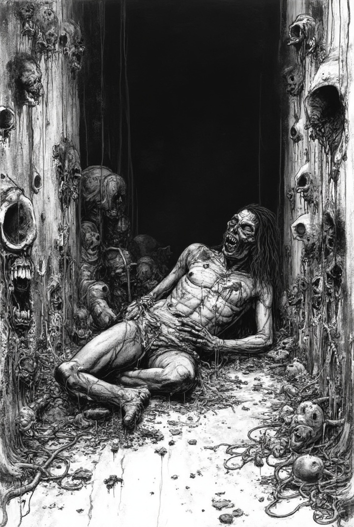 AI generated image by FLUX-Realism-Lora: A black and white illustration in the style of James Warren's Creepy Magazine, with a 1970s aesthetic. The image is a zombie-themed piece of art, with pieces of corpses dripping with blood, grime, and putrefaction. The left and right sides surrounding the image are filled with detailed drawings of rotting corpses, mutilated zombies, and creepy images. The background is completely black, providing a high contrast to the black illustrations. The overall style is old, dirty, underground, macabre, and creepy, with no color except for black ink on the white background, contributing to its gothic and disturbing atmosphere.