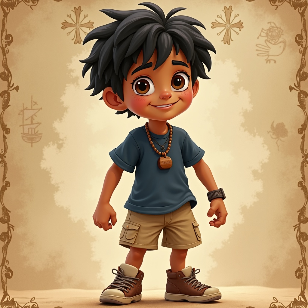 AI generated image by FLUX.1: A 14-year-old Arab boy with medium-tan skin, short messy black hair, and bright brown eyes full of curiosity and intelligence. He wears a simple navy-blue t-shirt, sandy-colored shorts, and old, worn sneakers that show he's always on the move. Around his neck hangs a small wooden pendantโan heirloom from his grandfather. His appearance reflects energy, courage, and a hint of mischief. His facial expression blends excitement and determination.
The character is set in a coastal village, with a backdrop of the sea or an ancient treasure map for added atmosphere.