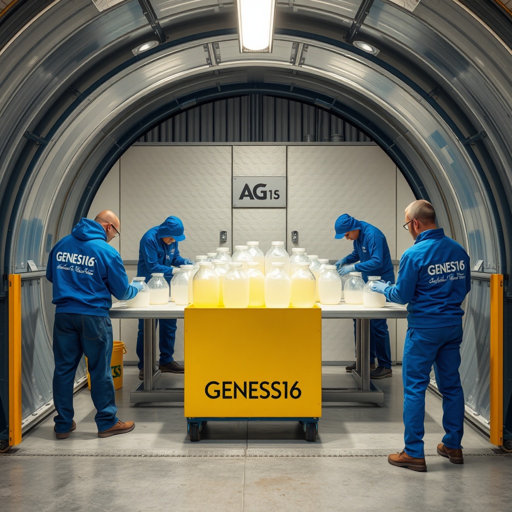 AI generated image by FLUX.1-schnell: SE OBSERVA DENTRO DE UNA BODEGA QUE TIENE TECHO SEMICIRCULAR EN ALUMNIO Y PAREDES DE METAL, SEIS PERSONAS SENTADAS EN VARIAS SILLAS, LAS PERSONAS ESTAN LIMPIANDO BOTELLAS DE PLASTICO, AGACHADAS LIMPIANDO, LAS PERSONAS ESTAN UNIFORMADAS CON OVEROL AZUL Y EN LA ESPALDA DEL OVEROL TIENEN ESTAMPADO LA FRASE: "GENESIS16", EN EL FONDO DE LA PARED DE LA BODEGA SE OBSERVA UN LETRERO GRANDE QUE DICE: "GENESIS 16"