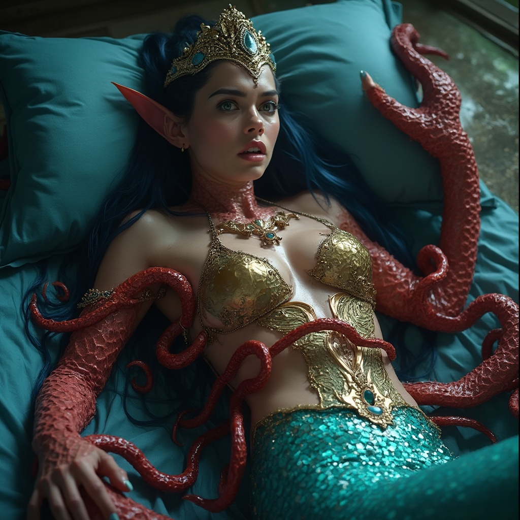 AI generated image by FLUX-Realism-Lora: A mermaid woman with a shimmering teal-blue-scaled tail lies on a bed with a blue pillow. She has long, dark blue-black hair, pointed ears, and a golden crown adorned with blue gemstones. Her teary eyes show a shocked expression. She wears an intricately designed golden outfit covering her upper body.
Her body is wrapped in large red tentacles that coil around her arms, stomach, and tightly around her chest. One tentacle enters her mouth. The lighting creates a glossy effect on her tail scales and the tentacle textures, enhancing the dramatic dark fantasy atmosphere.