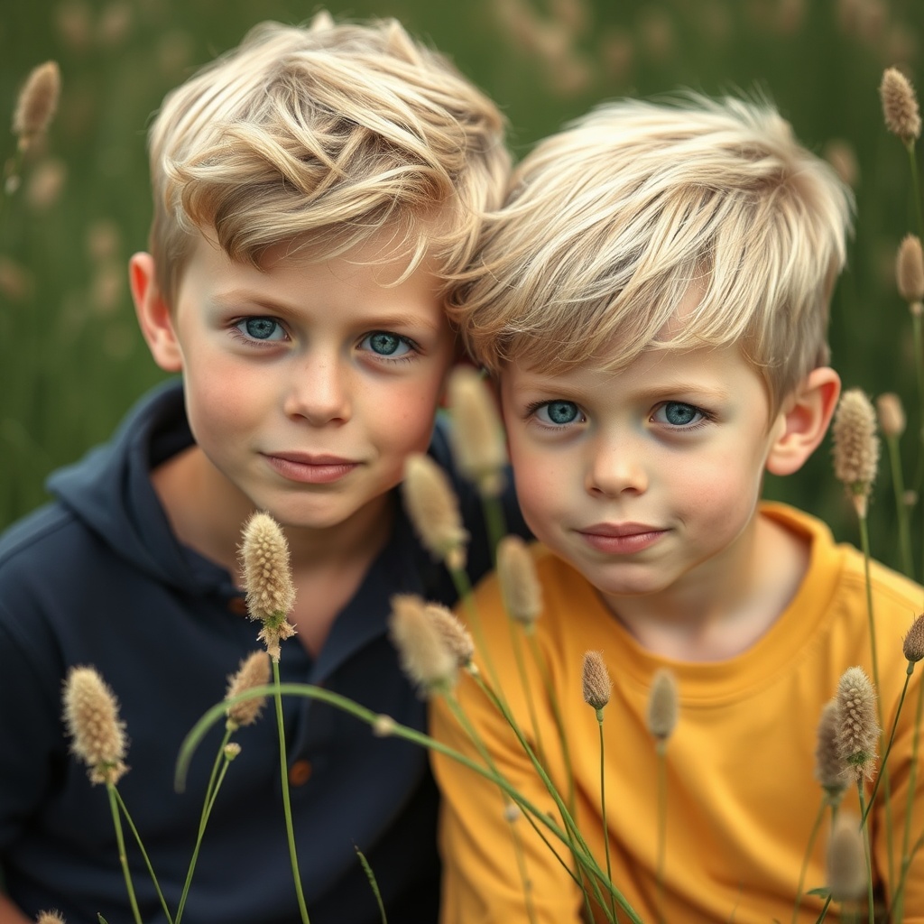 AI generated image by FLUX.1-schnell: deux garçons de six ans blond aux yeux bleu se faisant des bisous allongés dans l'herbe
