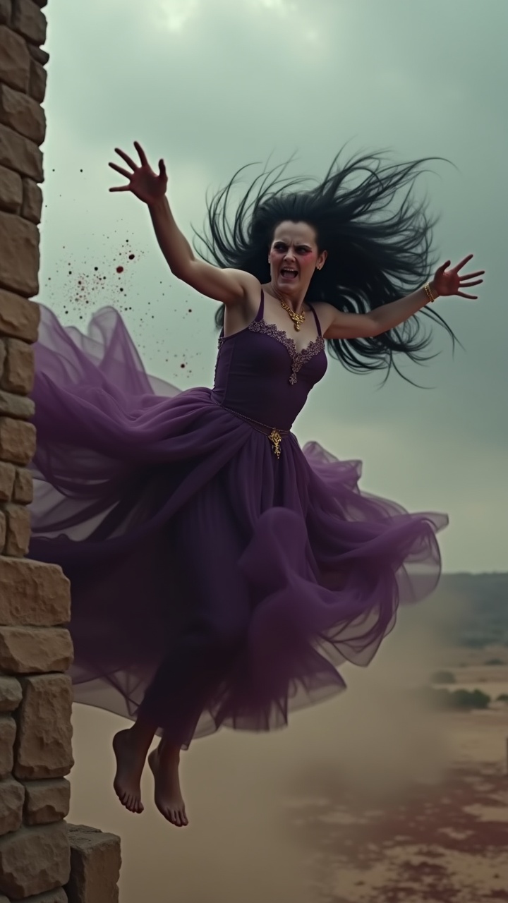 AI generated image by FLUX.1: "Ultra-detailed 8K dynamic shot, Jezebel, a 50-year-old woman, pale skin with kohl and red eyeshadow, long black hair whipping, luxurious purple dress billowing violently, small golden crown flying through the air, falling from a high palace window, body twisting, face in panic, blood splattering on hitting the dusty ground, stone palace in the background, stormy gray sky, dust exploding on impact, 9th century BC, brutal cinematic style with hyper-realistic textures in skin, fabric, and blood."