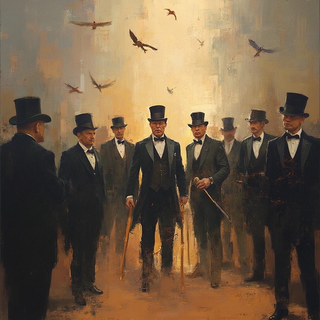AI generated image by FLUX-Realism-Lora: Generate an impressionist-style painting depicting a group of elegantly dressed men, inspired by a group chat titled âThe Gentlemenâs Mukbang.â The scene features a symbolic explosion or disruption, with items like top hats and canes scattered, capturing both refinement and chaos. The style should balance elegance with abstract disorder, avoiding kitsch and hinting at a violent demise.