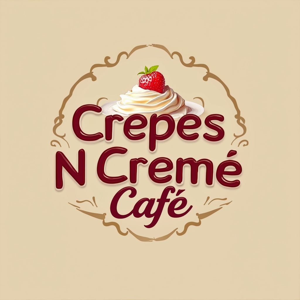 AI generated image by FLUX.1-pro: Generate a high-resolution, modern, and professional logo design for a sweets cafe named "Crepes N Crème Cafe". The logo should be unique, visually appealing, and brand-ready, suitable for use on signage, menus, packaging, and social media. Incorporate elements that evoke gourmet desserts, crepes, and whipped cream, with a warm, welcoming, and slightly upscale aesthetic. Style should be clean and contemporary, with a touch of playful elegance. Use a color palette that complements dessert-themed branding (e.g., soft pastels, creamy tones, chocolate browns, or subtle pinks). Typography should be custom or well-integrated, legible, and fitting for a cozy, sweet-focused cafe. The final design should stand out and be competitive with boutique cafes and dessert shops in urban or trendy neighborhoods.