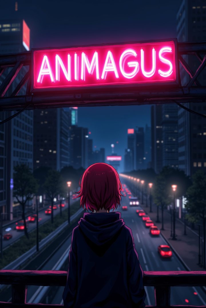 AI generated image by FLUX.1: A lone anime girl with vibrant red hair, her face partially obscured by the hood of her dark hoodie, gazes thoughtfully at a colossal neon billboard displaying "Animagus" in bright, glowing letters. She's standing on a pedestrian bridge overlooking a busy night city street, with futuristic cars speeding by below. The atmosphere is quiet and contemplative, contrasting with the city's energy. Art style: detailed cyberpunk anime with stark lighting and deep shadows.