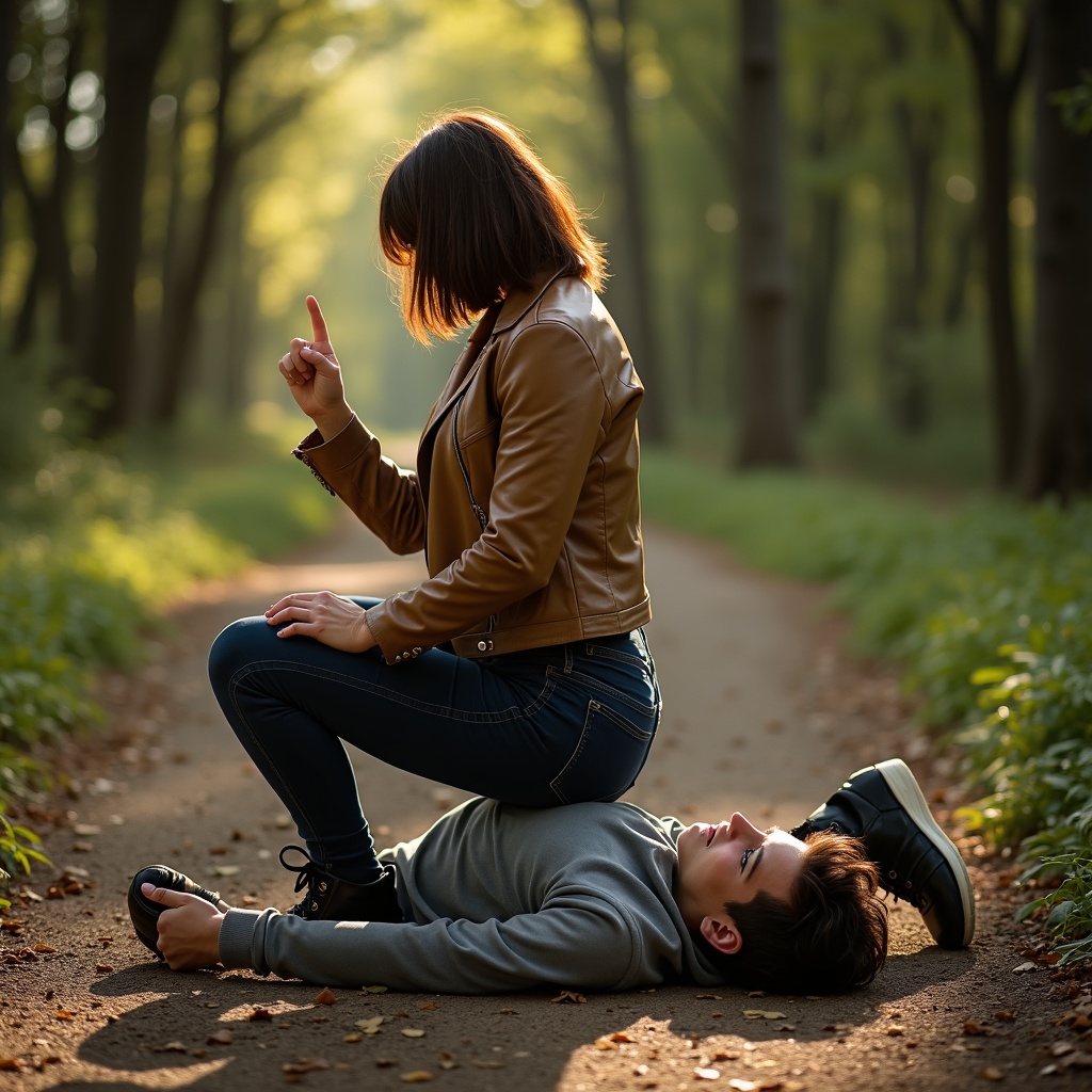 AI generated image by FLUX.1: Forest path. sunny. A thirty -year -old European brown -haired woman with a medium haircut, very large, strong, muscular, with thick thighs in tight jeans, a short light leather jacket, black boots, showing her hand gesture of victory, on his knees from the back side clamped between her wide thigh and thick caviar, the head of a flimsy screaming thin young man in the long training pants and sneakers lying upward between her legs and resisting. Top view.