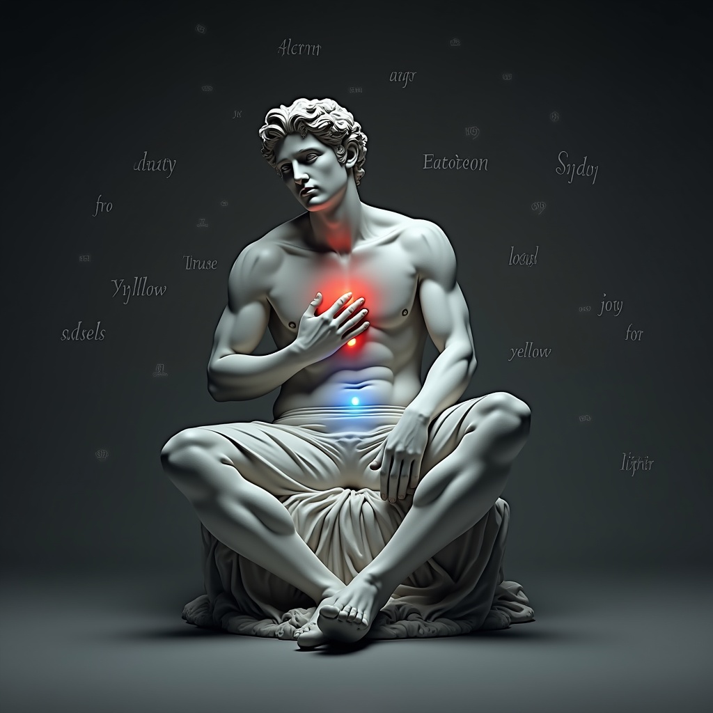 AI generated image by FLUX.1: A majestic marble sculpture in shades of grey and white, with classical features inspired by Greek art, dressed in a shirt and formal pants. The figure sits in a reflective posture, one hand on its chest and the other on its head, symbolizing emotional self-exploration. Small colored lights emerge from different parts of its body: red in the chest for anger, blue in the abdomen for sadness, yellow in the head for joy. Around it, ethereal words float in the air, representing the importance of naming and recognizing emotions. The lighting is soft and immersive, conveying a sense of introspection and self-awareness