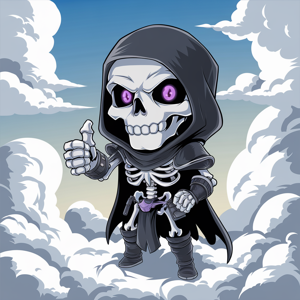 AI generated image by ideogram 2.0: Чиби, скелет в черной броне с капюшоном и фиолетовыми глазами показывает большой палец вверх