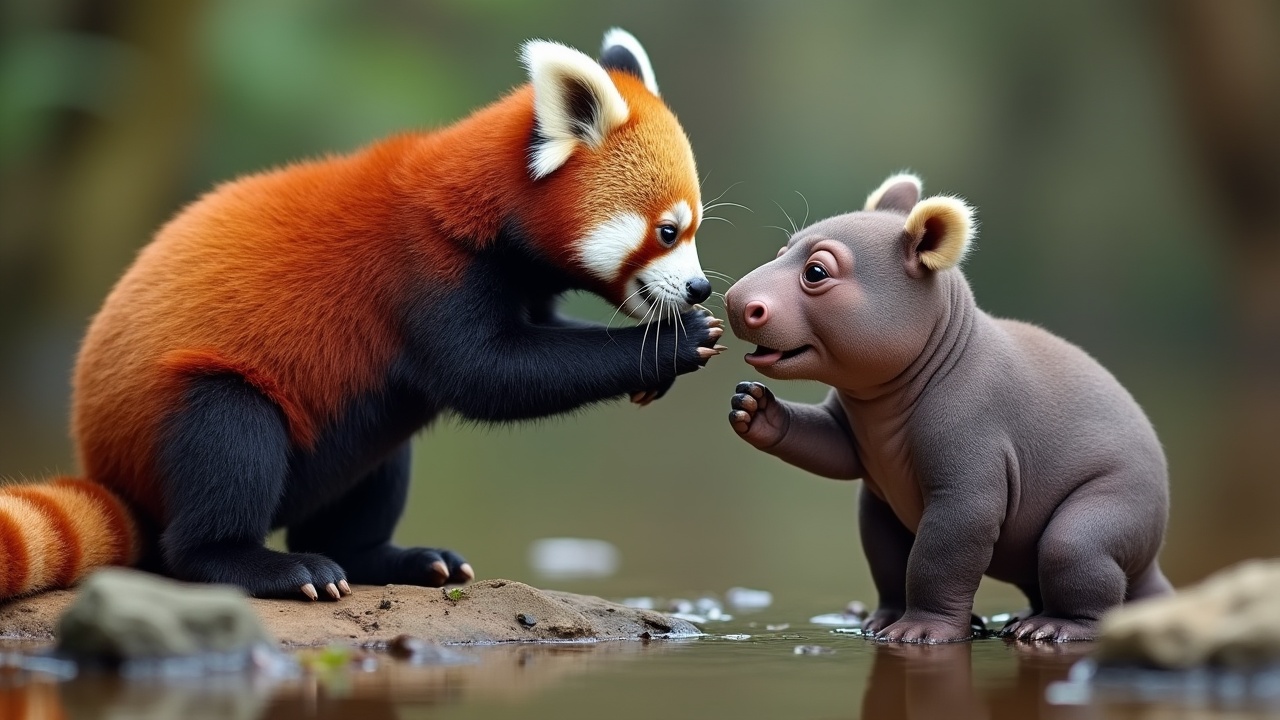 AI generated image by FLUX.1: little red panda fighting with little Hippo in Zoo many animal cheer up them