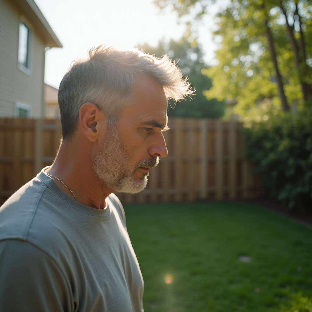 AI generated image by FLUX.1: A realistic cinematic photograph of a middle-aged man with short salt-and-pepper hair and light stubble, shown in a close-up side profile from the left, looking downward with a serious, thoughtful expression. He is wearing a plain light gray crew-neck t-shirt. The scene takes place in a quiet suburban backyard with a neatly cut green lawn, a tall wooden privacy fence, a few leafy trees, and part of a beige house visible on the left edge of the frame. The sun is low behind the subject, creating strong natural backlighting, soft rim light around his head, mild lens flare, and bright overexposed sky. Natural outdoor colors, authentic skin texture, documentary style, handheld camera feeling, shallow depth of field, slightly imperfect smartphone optics, ultra-realistic, candid moment, no smile, calm atmosphere, 16:9 composition, 4K, photorealistic.