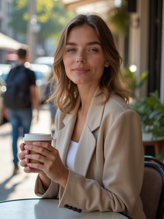 AI generated image by FLUX.1-image-to-image: ultra realistic candid photo of a young woman sitting in a street café, urban background, holding coffee, soft sunlight, casual elegant outfit, relaxed confident expression, people and city blur in background, documentary style photography, Instagram lifestyle aesthetic, natural skin texture, shallow depth of field