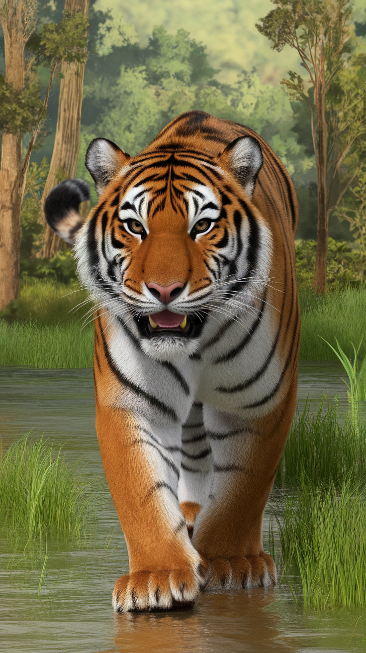 AI generated image by ideogram 2.0: Tiger walking in river forest, realistic, A tiger prowls gracefully through lush green grass, with its striking orange and black stripes prominent against the natural backdrop,