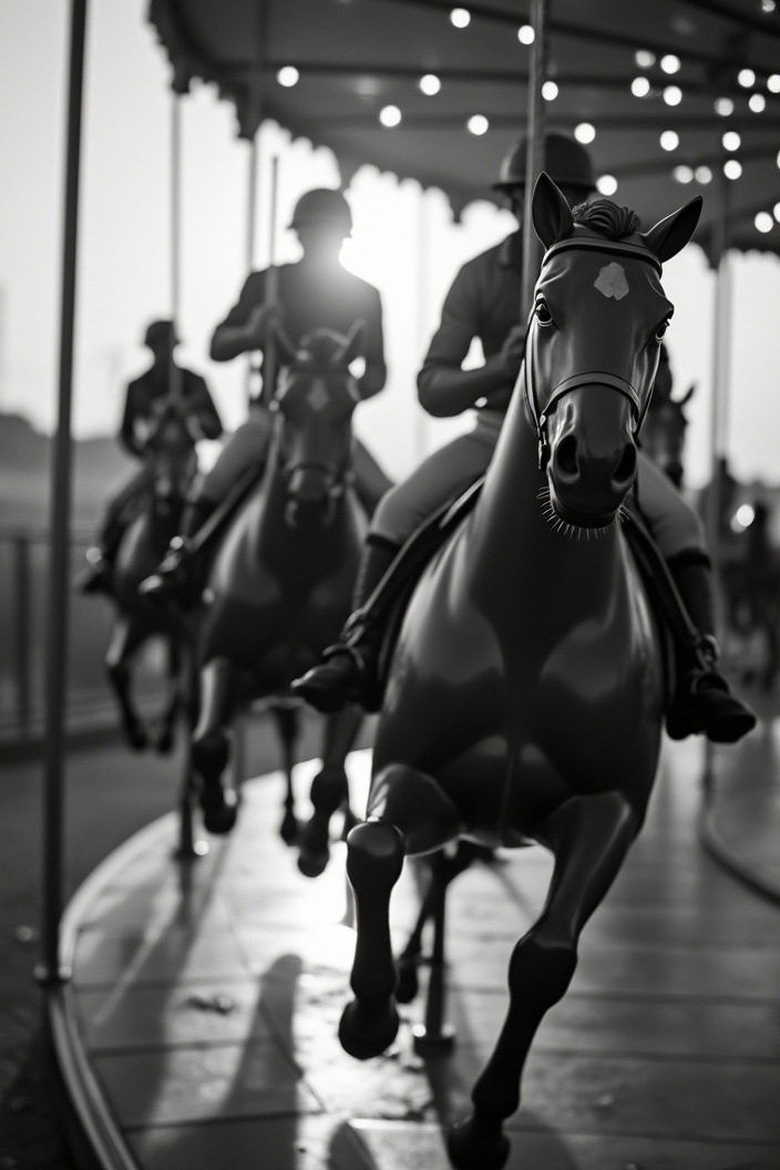 AI generated image by FLUX.1-pro: A closeup black and white photo of jockeys riding carousel. The race contest is very intense and dramatic. Depth of field. Motion blur. Backlight