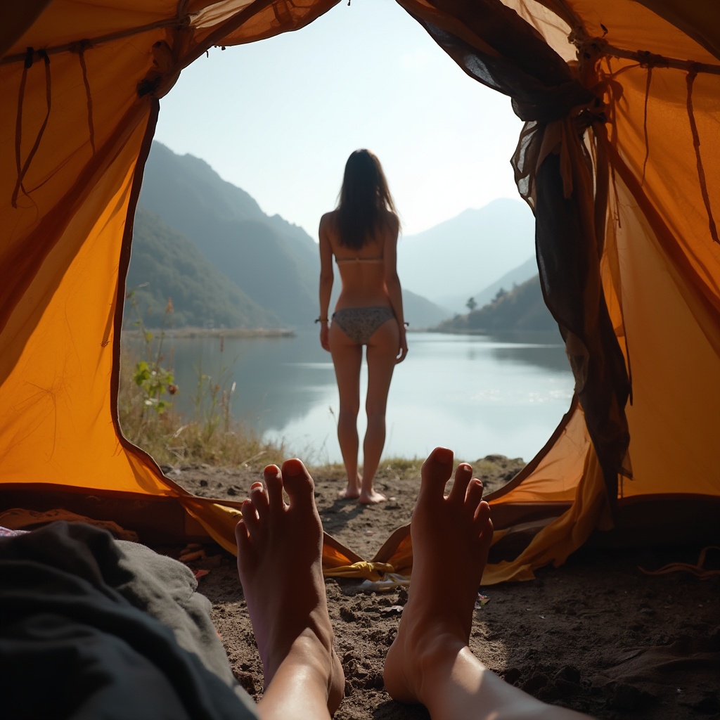 AI generated image by FLUX-Realism-Lora: A photograph from inside a tourist tent, showing bare feet in the foreground. In the midground, the silhouette of a young woman is standing outside the tent with her back to the viewer, wearing thin cloth on her naked body. Her legs are shoulder-width apart. It's daytime, with a natural scene of mountains in himachal pradesh and a lake in the background