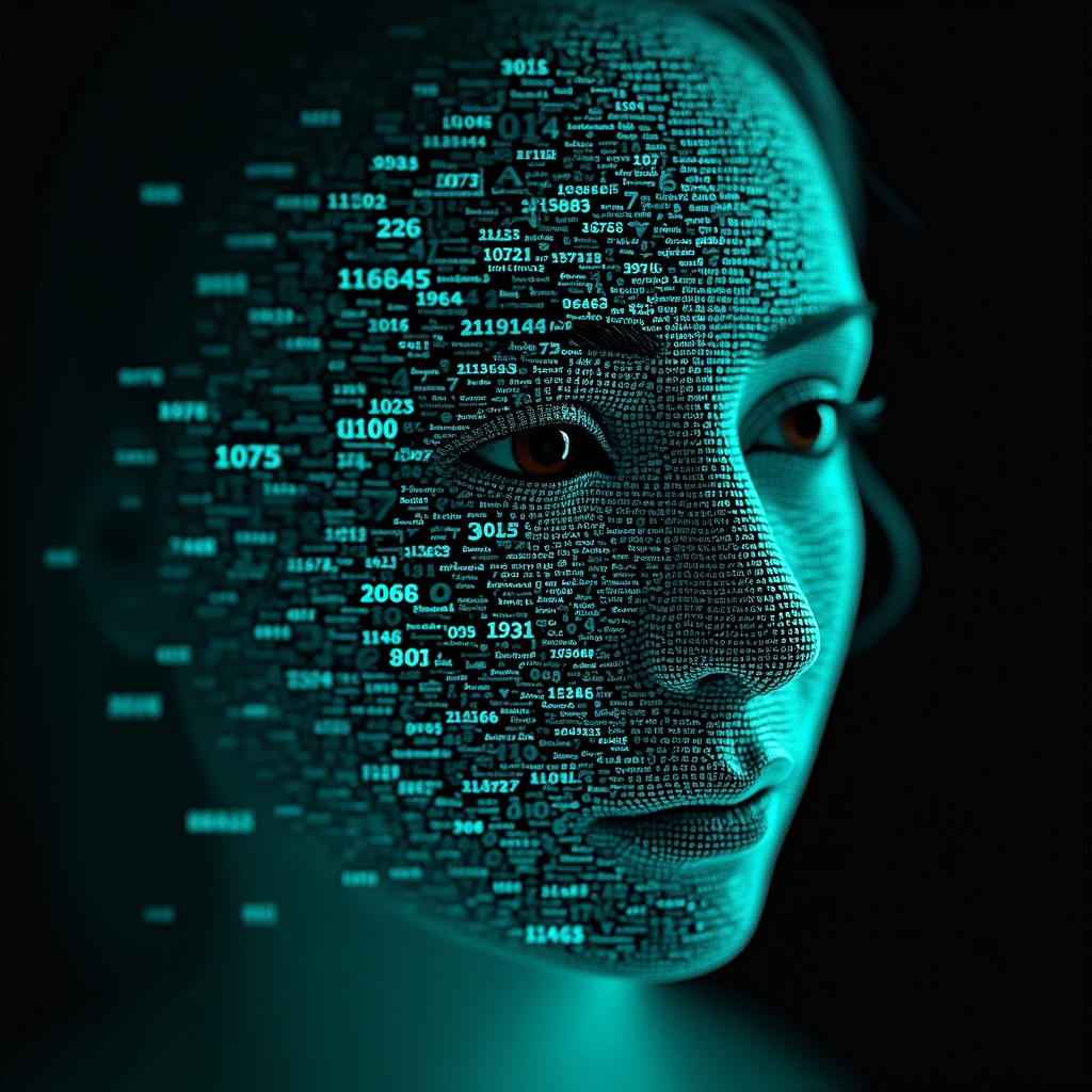 AI generated image by FLUX.1-pro: Emmy Noether's face as a digital mask made from thousands of bright turquoise numbers and formulas forming her face. The formulas and numbers fly behind the mask leaving a trail of complexity. The mask is floating dynamically in mid air. Her head is turned to the right but her eyes are looking directly into the camera. The mask is on a black background. Like a png with black only background. Photo realistic, sci-fy