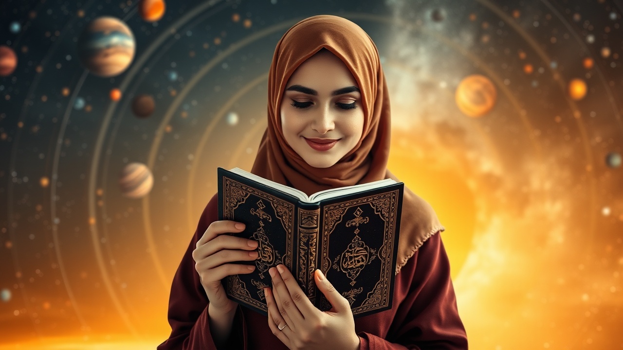 AI generated image by FLUX.1-schnell: a beautiful woman wearing a hijab holding the Koran against the background of the Islamic version of the solar system