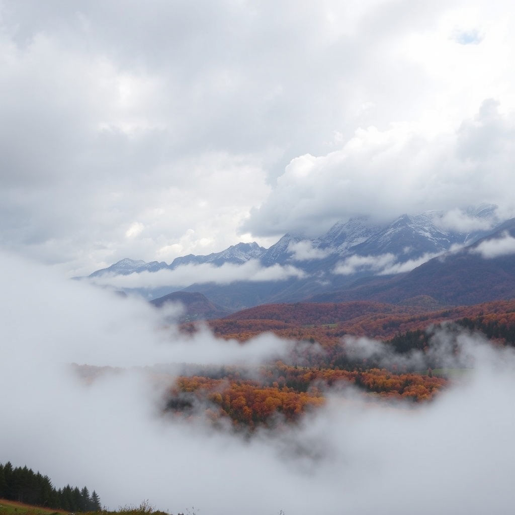 AI generated image by FLUX.1-schnell: A white stormy sky overlooking autumn fields with fantasy mountains in the background