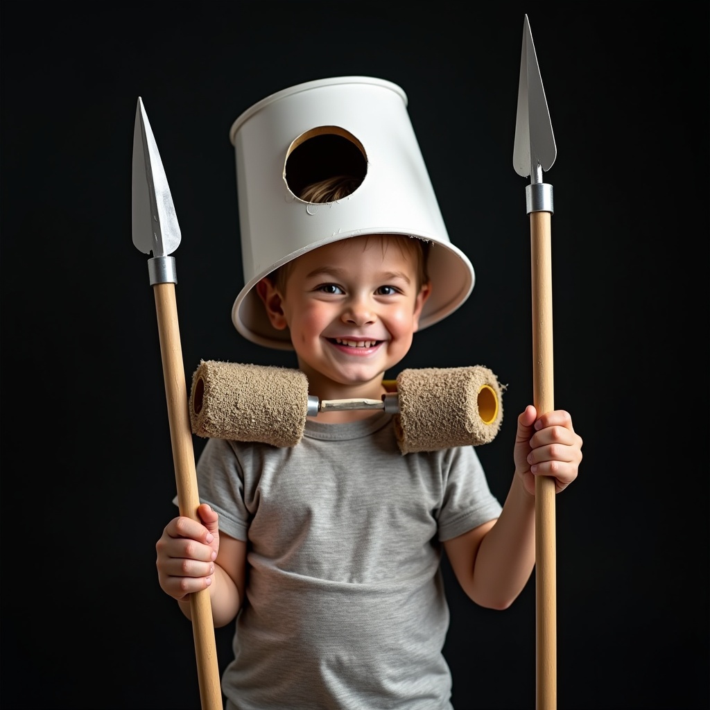 AI generated image by FLUX.1: A 5-year old kid with the bucket over his head. The bucket is new as if it was just bought in a DIY store, and it has a hole for a kid's face. New shiny paint rollers are mounted with the tape to the bucket as a decoration. A water pipe cut in half is put over each kid's shoulder to emulate the armor. A mop in a kid's hands resembles a spear. The overall outfit looks cute and funny. The kid is glowing with happiness. The background behind the kid is solid dark, almost black.