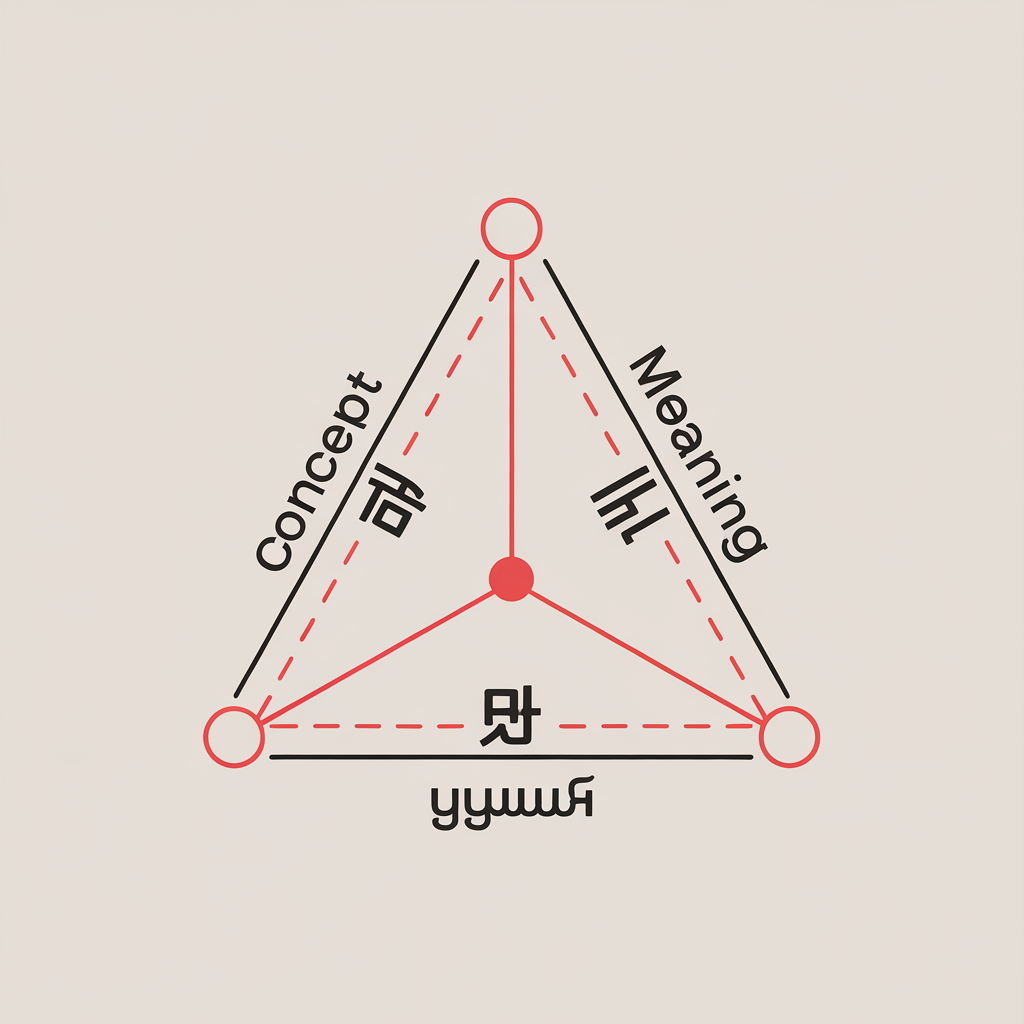 AI generated image by ideogram 2.0: یک مثلث با خطوط قرمز که روی راس اول نوشته باشه مفهوم و روی راس دوم نوشته باشه معنا و روی راس سوم نوشته باشه نماد