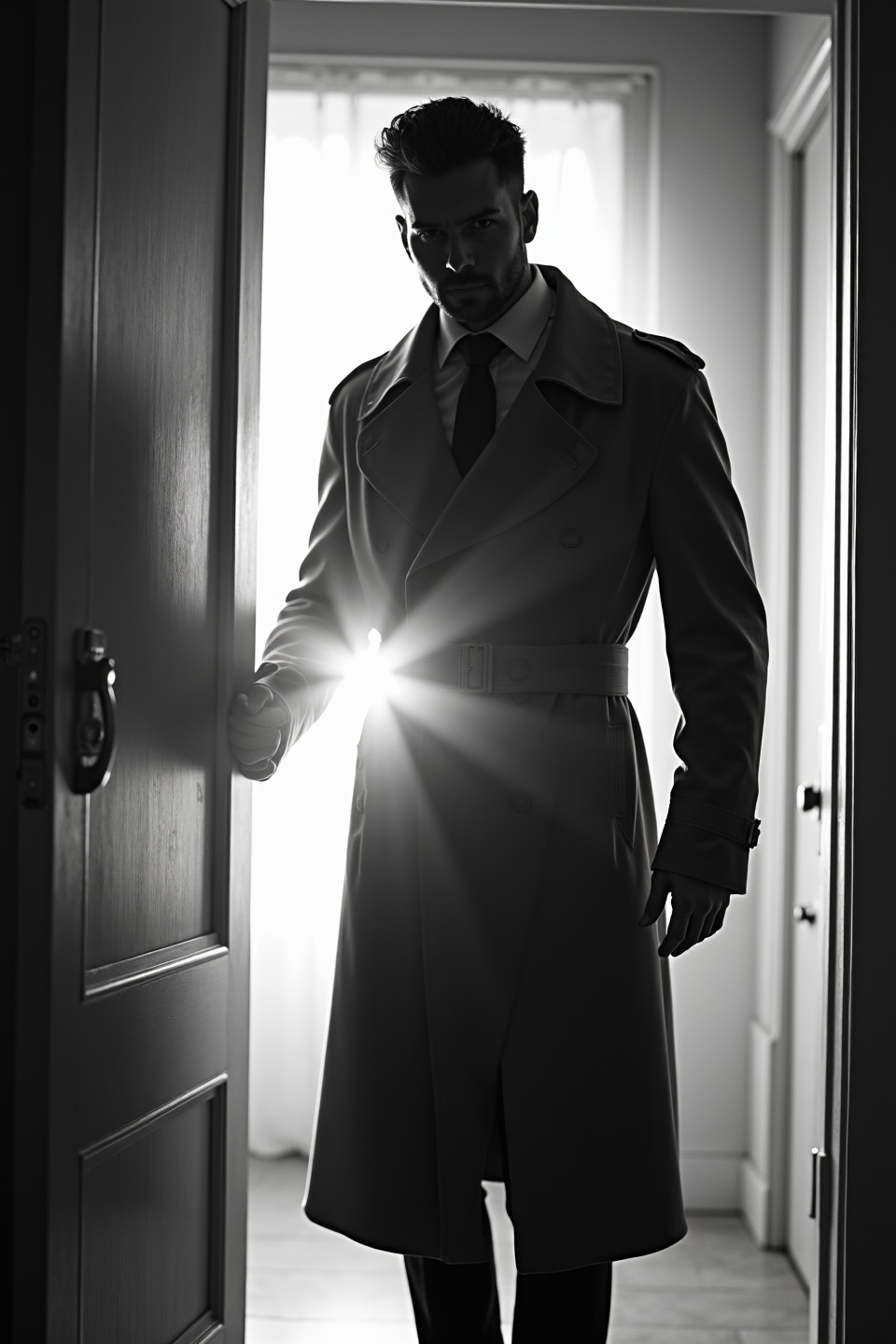 AI generated image by FLUX.1-image-to-image: black-and-white photo with the backlit dark silhouette of a handsome broad-shouldered man in a trench coat standing in a doorway coming and looking to camera.
The man touching the door, as if he just entered the room. God rays. Backlight