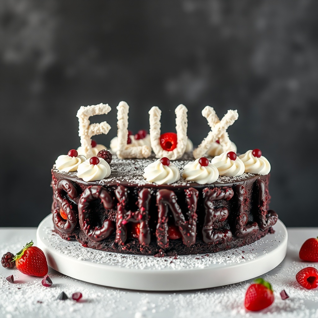 AI generated image by FLUX.1-schnell: black forest gateau cake spelling out the words "FLUX SCHNELL", tasty, food photography, dynamic shot