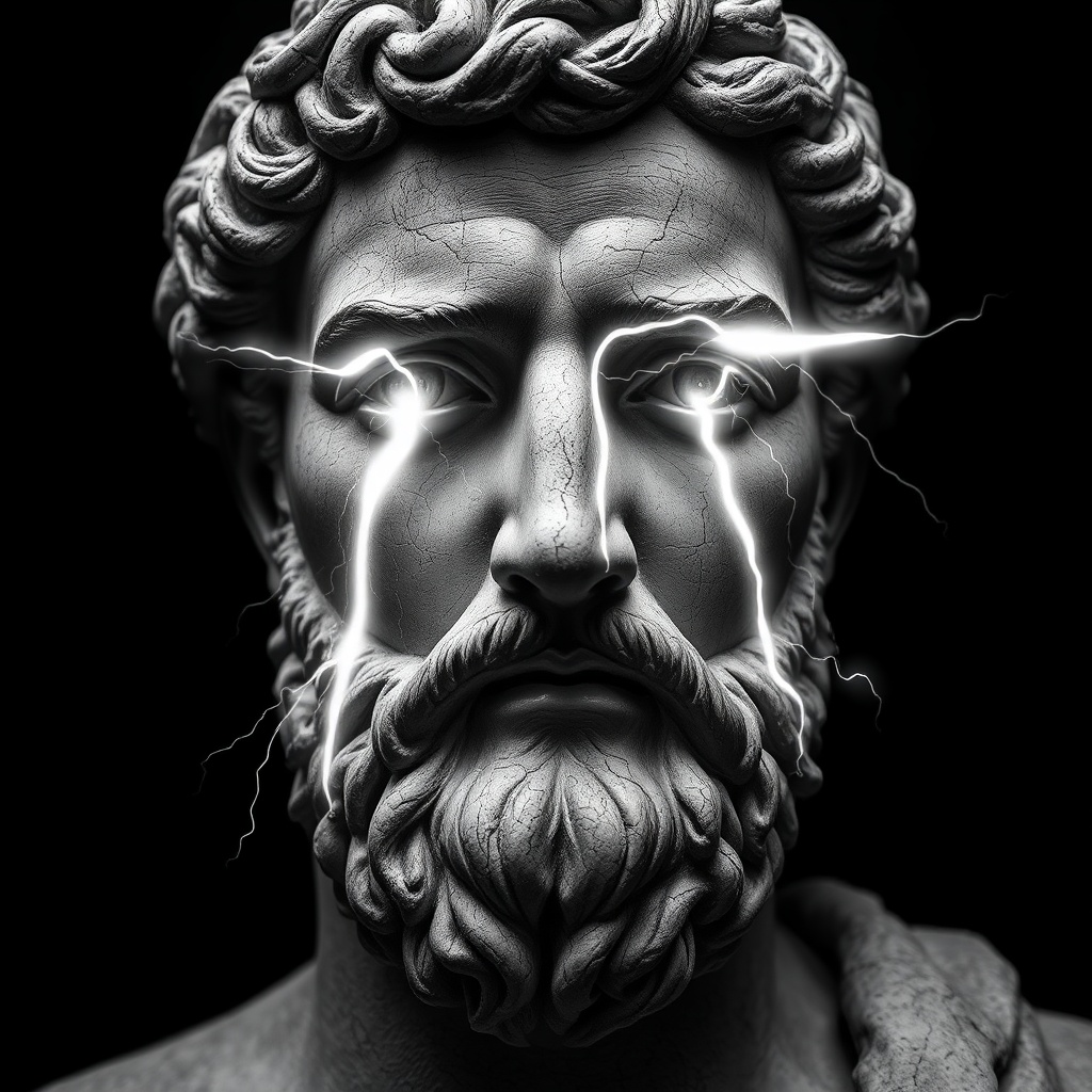 AI generated image by FLUX.1-schnell: The image portrays a striking depiction of a historical stone-carved bust of a man, reminiscent of classical representations such as Marcus Aurelius. The figure is rendered entirely in monochromatic black and white tones, emphasizing the texture of the chiseled stone with its fine cracks, weathered grooves, and intricate details.
The man’s facial features exude an aura of dignity and contemplation: a pronounced chin, voluminous, curly hair, and a dense, meticulously carved beard. However, the most captivating feature is his eyes. Instead of lifeless stone, they emit a dazzling, otherworldly white light.
This light appears to flow like liquid, slowly spilling from the eyes and tracing delicate, almost organic paths down the statue’s face. These glowing streams seem to leave faint trails, as if the light itself is transforming or "animating" the stone. The radiant lines stand in sharp contrast to the deep shadows carved into the crevices and folds of the face, accentuating the sculpture’s dramatic contours.
The overall atmosphere of the image is mystical and timeless, as if the man—symbolizing wisdom and power—has emerged from eternity to convey a profound message. The stark black-and-white palette adds a sense of gravity and symbolism, while the flowing light from the eyes imbues the image with a surreal, almost divine quality.