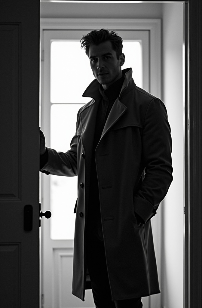 AI generated image by FLUX.1-image-to-image: black-and-white photo with the backlit dark silhouette of a handsome broad-shouldered man in a trench coat standing in a doorway coming and looking to camera.
The man holding the door handle, as if he just entered the room.