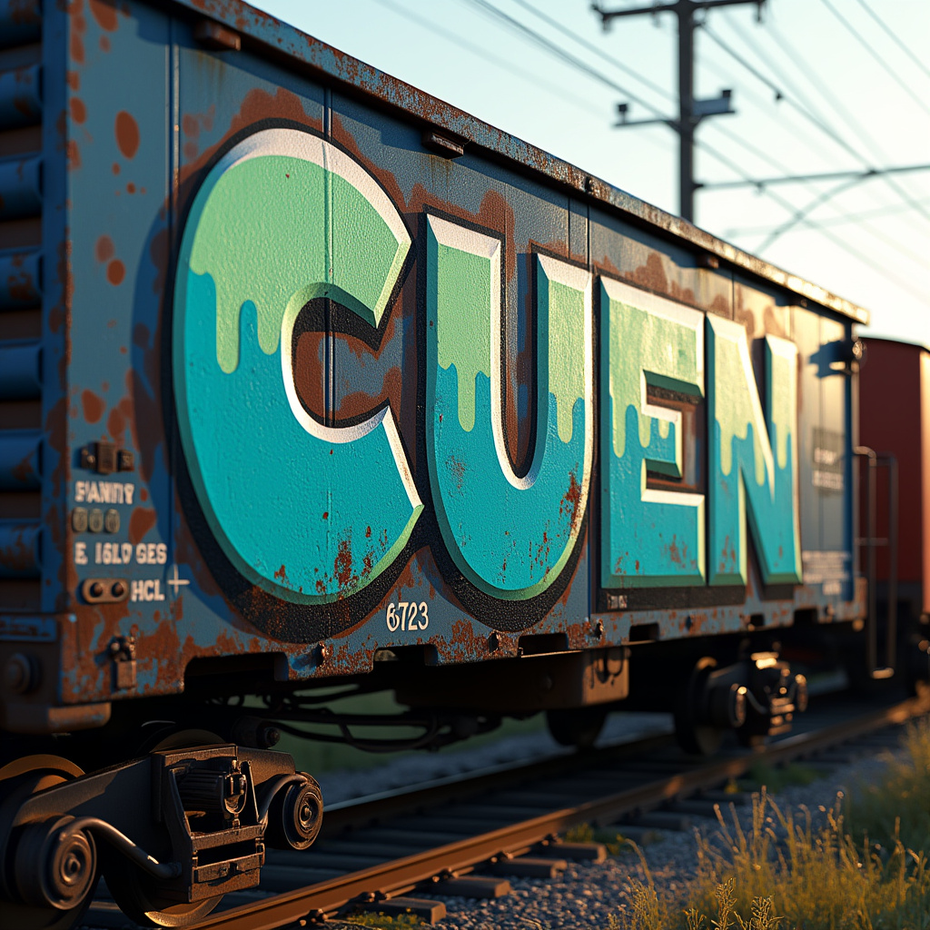 AI generated image by FLUX.1-pro: Crear una imagen de un vagón de tren con una textura realista de óxido cubriendo la superficie. El vagón es parte de un tren más grande, visible en el lado derecho, bajo la luz brillante del dÃa. En el lateral del vagón, hay un graffiti que dice ‘Cuen’ en letras grandes y audaces con un efecto 3D. Las letras son principalmente en tonos de azul y verde con reflejos blancos que les dan un aspecto brillante. Los bordes de las letras tienen contornos oscuros para resaltar el efecto 3D contra el fondo oxidado. Encima del graffiti, en letras más pequeñas, están los caracteres ‘SSW 62723’ alineados al borde izquierdo del vagón. Las ruedas y los detalles del chasis son visibles y deben representarse con proporciones precisas en relación con el resto del vagón