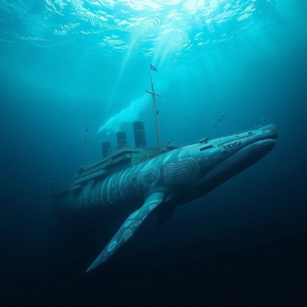 AI generated image by FLUX.1-schnell: titanic ship with more whale