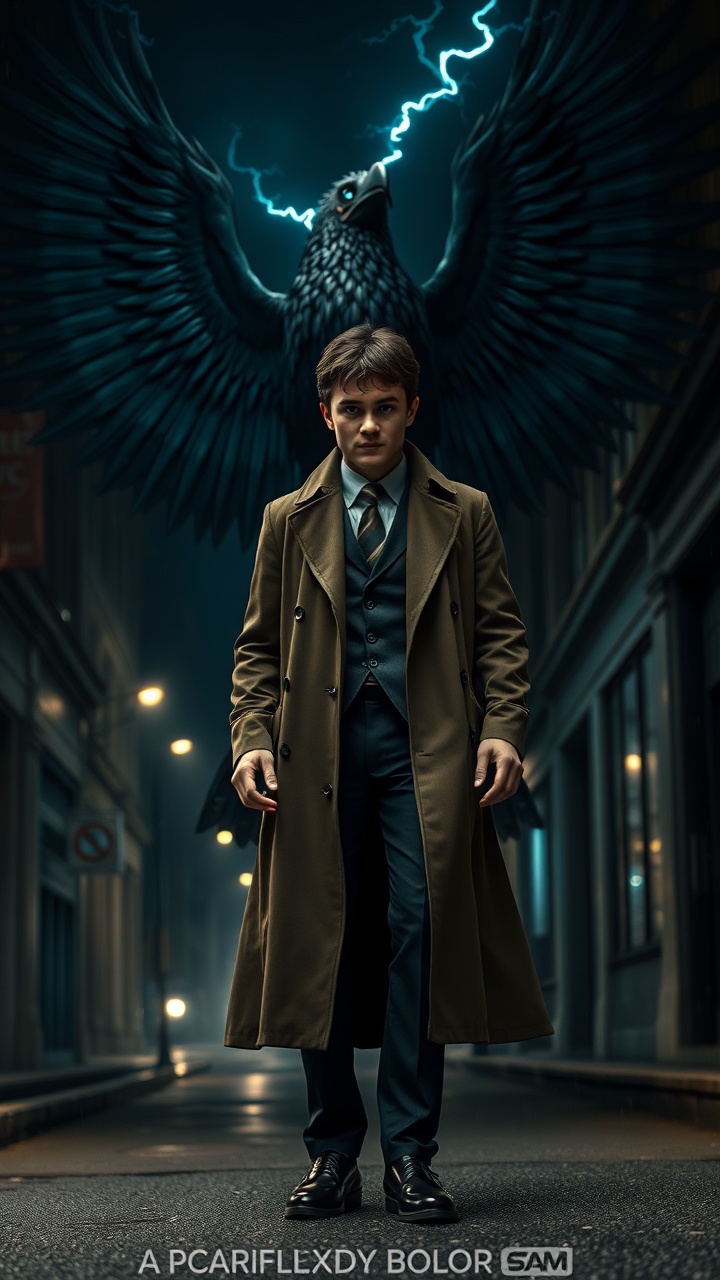 AI generated image by FLUX.1-schnell: A powerful cinematic shot of Harry Potter, wearing a long trench coat and a suit, with a majestic and menacing thunderbird behind him. The scene is set on a dark, rainy London street at night, with streetlights glowing and hints of magic. Moody, dramatic lighting. A luxury reimagining of the Harry Potter universe. High-quality, ultra-realistic, cinematic.
Harry Potter as a mafia boss. He is standing in a dark alley at night. He is wearing a long, stylish trench coat over a suit. An enormous, powerful, and intimidating dark eagle-like bird with glowing eyes and lightning is standing behind him like a guardian. Dramatic lighting, cinematic, film grain.
A full-body portrait of Harry Potter in a sleek, modern suit and a long coat. He is a powerful figure, standing in a dark, atmospheric city street. Behind him is a large, mystical creature resembling a griffin or phoenix, with feathers that look like dark metal, and glowing blue lightning arcs around it. The style is a mix of high-fashion and fantasy, cinematic.